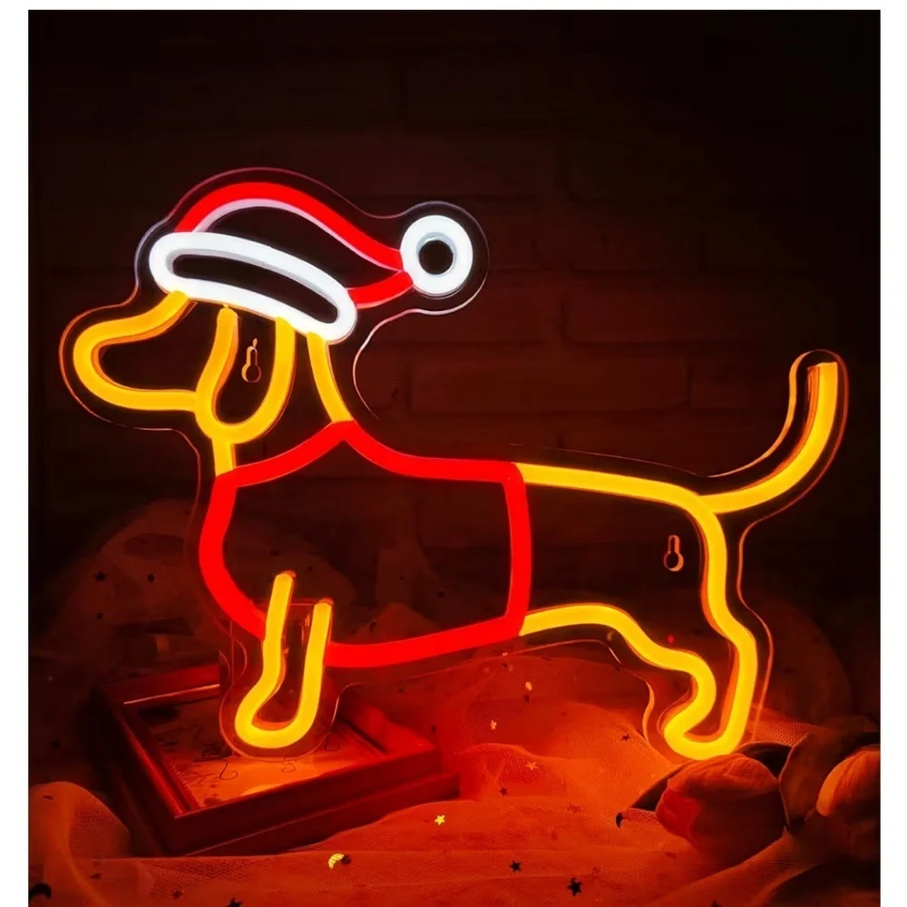 NEW Dachshund Neon Light Wall Decor - Red and Yellow Christmas Hat